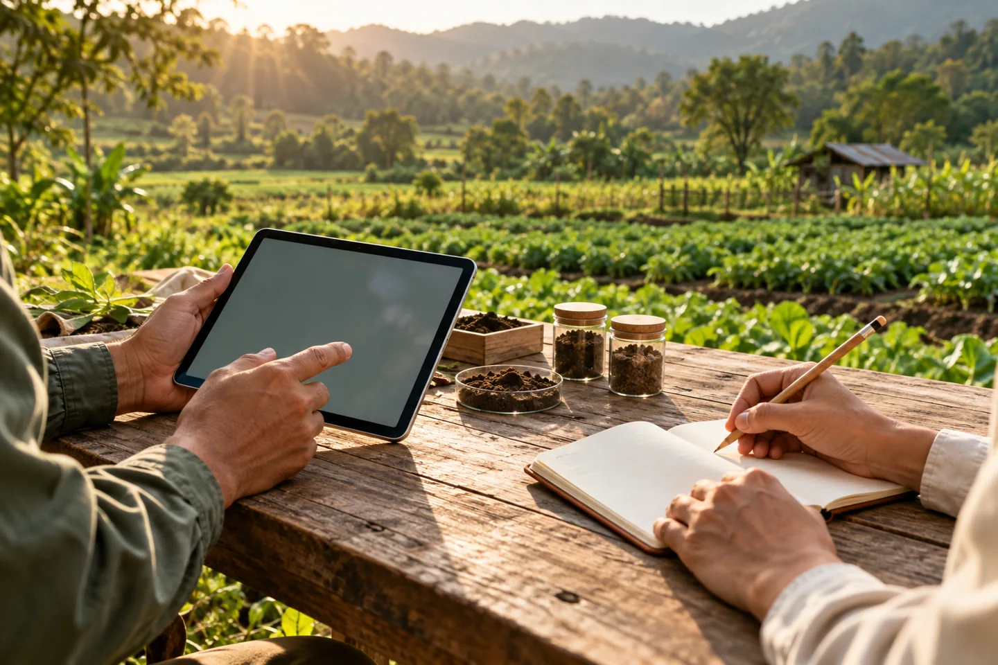 Illustrative field research with a tablet and notebook.