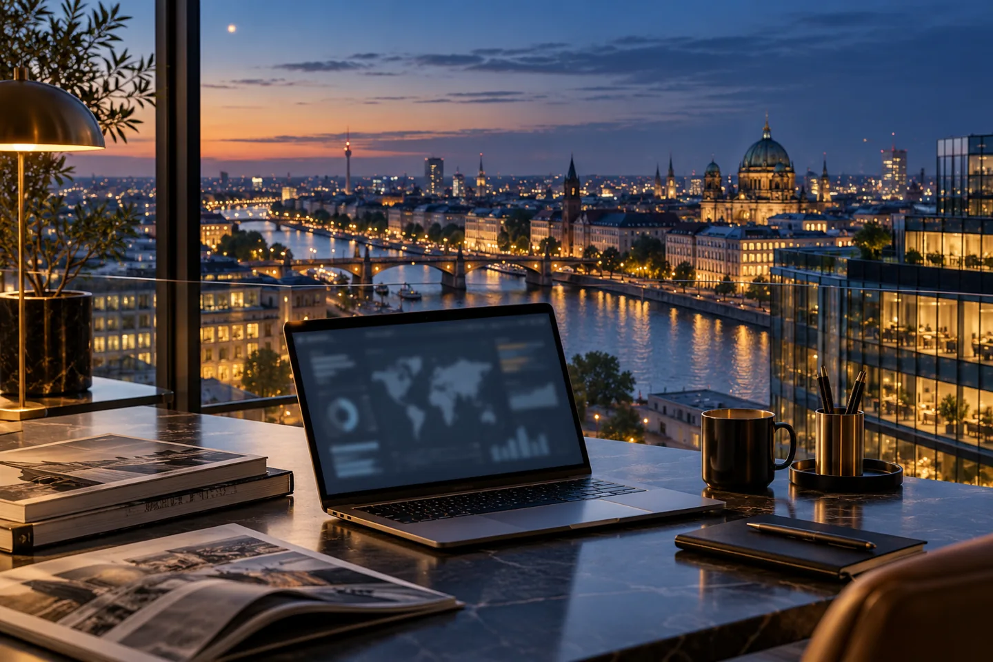 A city at dusk and a conceptual media analysis workspace.